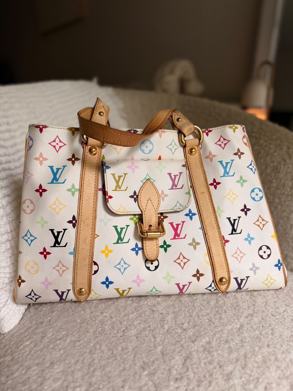 Louis Vuitton Multicolor Monogram White Canvas Tote with Tan Trim